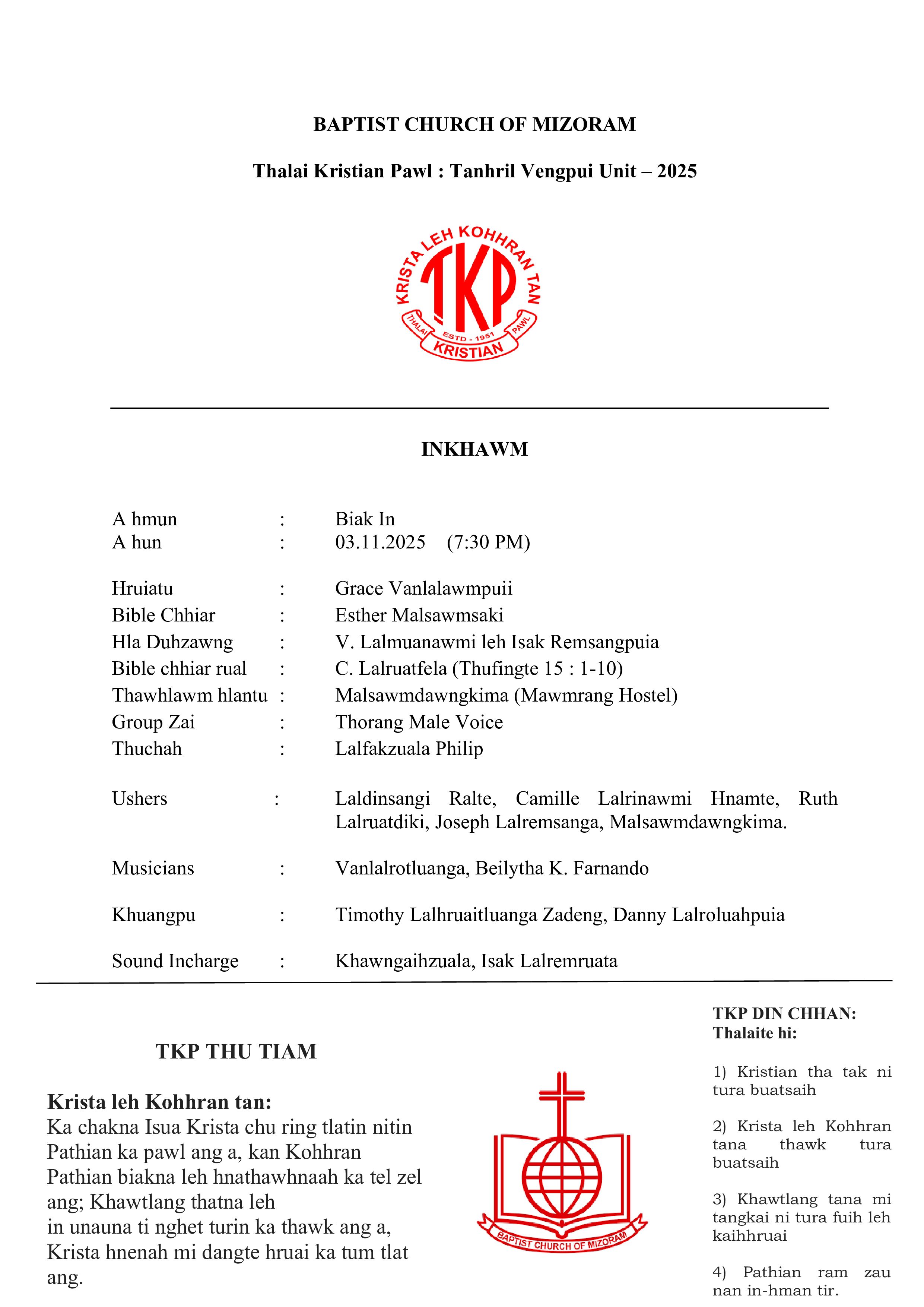 Ni 3 October 2025 - Inkhawm Programme